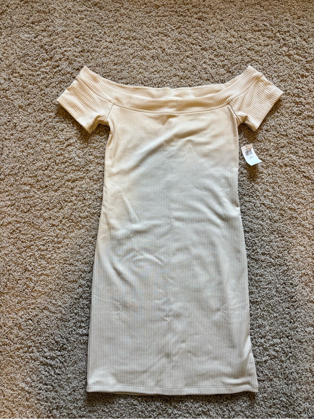 Old Navy Off-Shoulder Ribbed Midi Dress in Light Beige